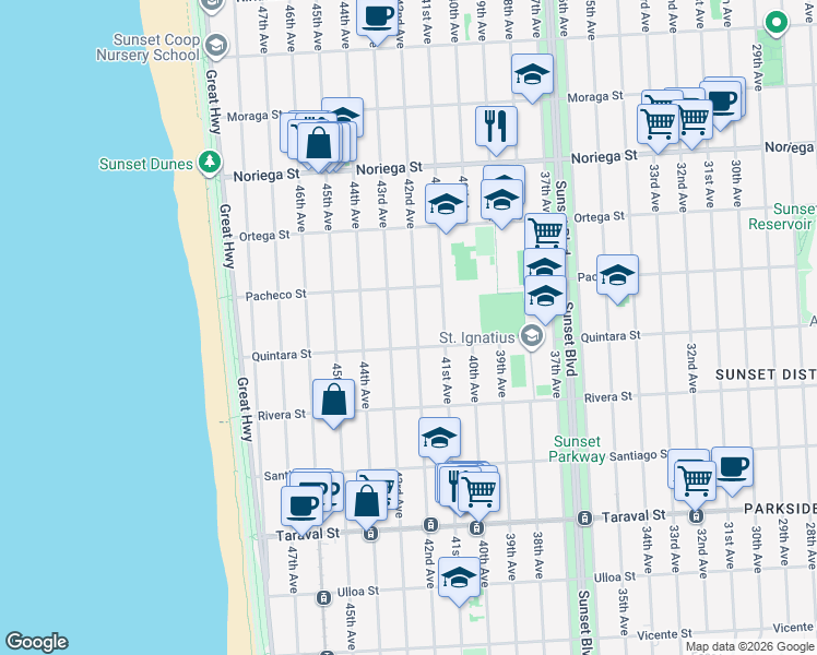 map of restaurants, bars, coffee shops, grocery stores, and more near 3245 Quintara Street in San Francisco