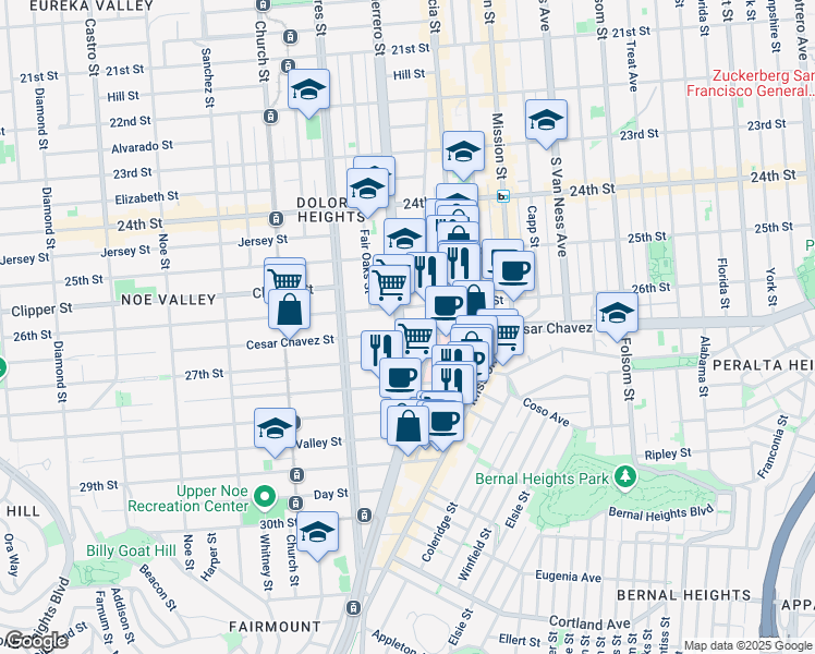 map of restaurants, bars, coffee shops, grocery stores, and more near 1482 Guerrero Street in San Francisco