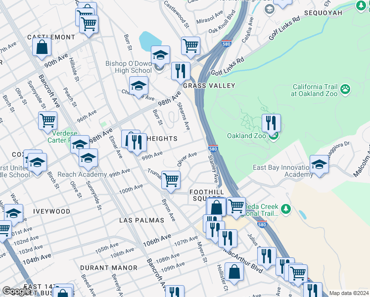 map of restaurants, bars, coffee shops, grocery stores, and more near 2702 99th Avenue in Oakland
