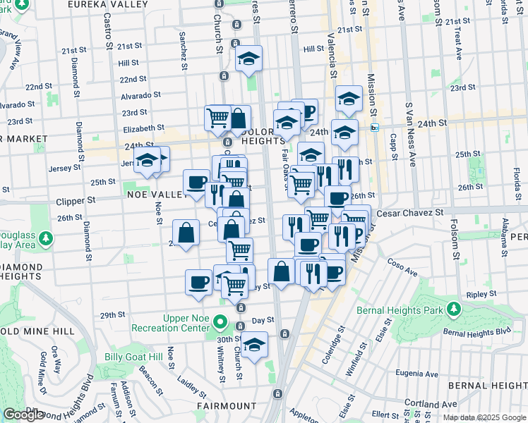 map of restaurants, bars, coffee shops, grocery stores, and more near 3821 Cesar Chavez in San Francisco