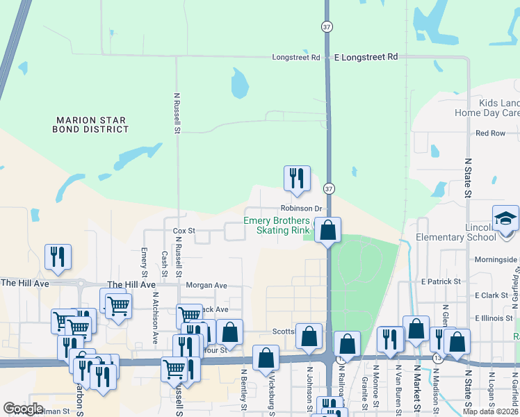 map of restaurants, bars, coffee shops, grocery stores, and more near Holmes Ave in Marion