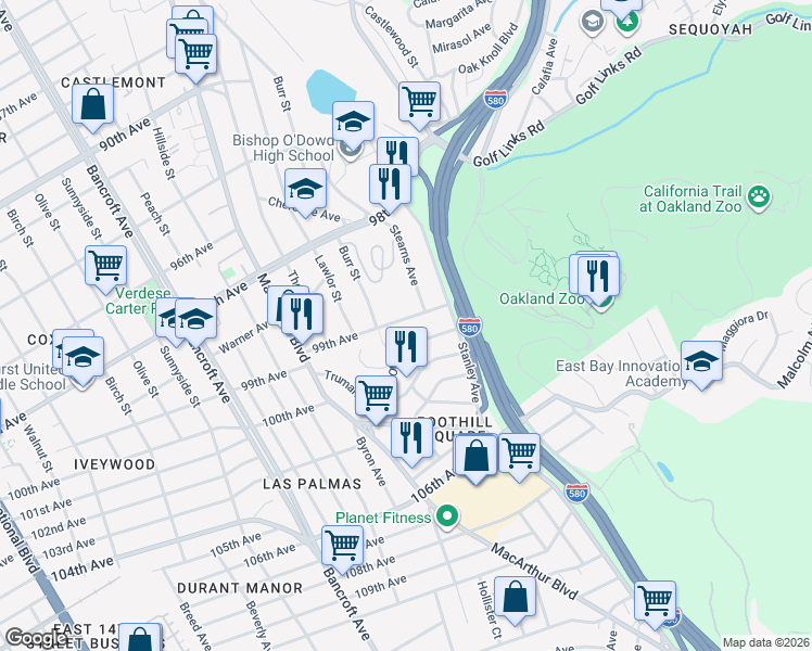 map of restaurants, bars, coffee shops, grocery stores, and more near 2702 99th Avenue in Oakland