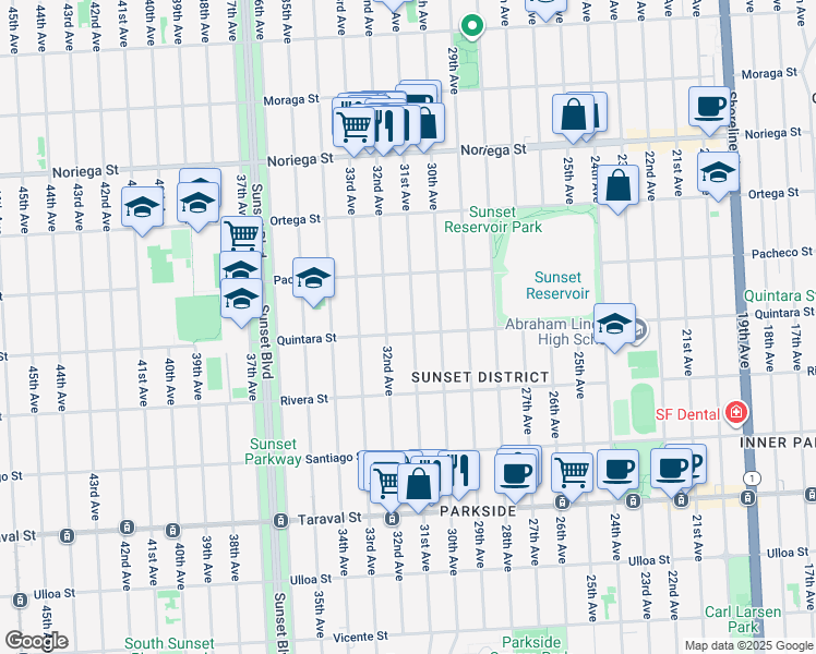 map of restaurants, bars, coffee shops, grocery stores, and more near 2091 31st Avenue in San Francisco