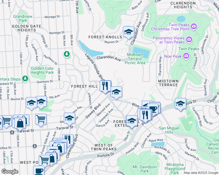 map of restaurants, bars, coffee shops, grocery stores, and more near 380 Laguna Honda Boulevard in San Francisco