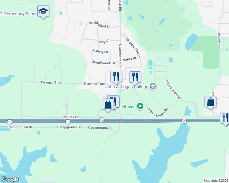map of restaurants, bars, coffee shops, grocery stores, and more near 1005 Shawnee Trail in Carterville