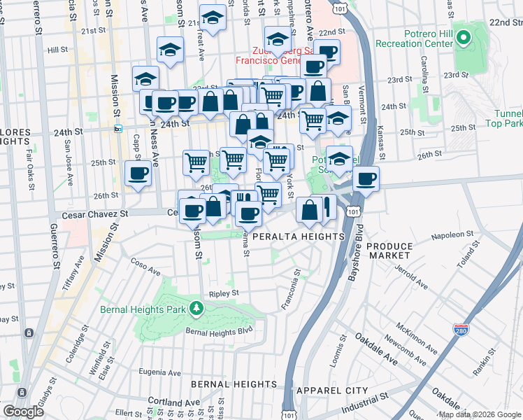 map of restaurants, bars, coffee shops, grocery stores, and more near Cesar Chavez Street & Florida Street in San Francisco
