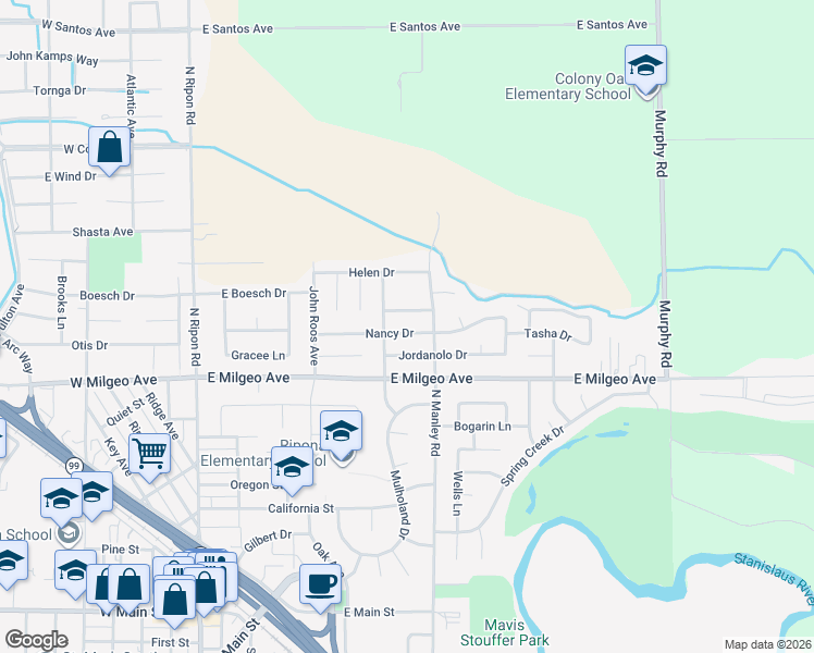 map of restaurants, bars, coffee shops, grocery stores, and more near 1101 Manley Road in Ripon