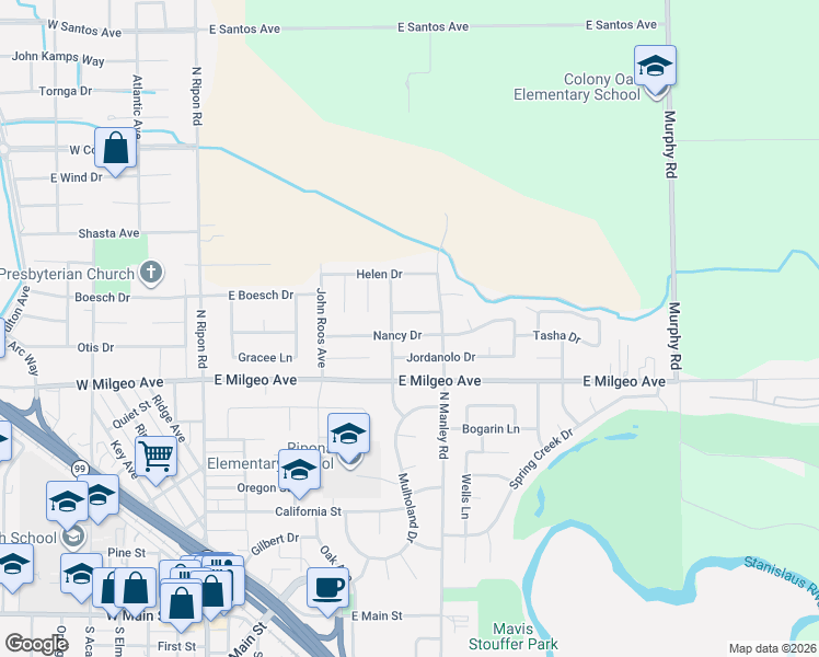 map of restaurants, bars, coffee shops, grocery stores, and more near 1101 Manley Road in Ripon