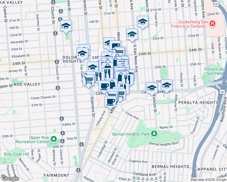 map of restaurants, bars, coffee shops, grocery stores, and more near 496 Bartlett Street in San Francisco