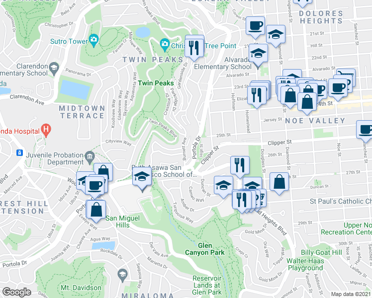 map of restaurants, bars, coffee shops, grocery stores, and more near 850 Burnett Avenue in San Francisco
