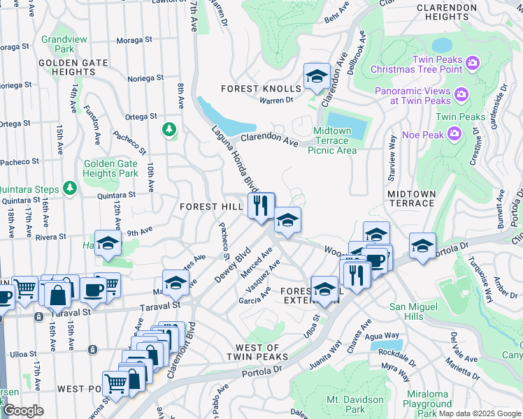 map of restaurants, bars, coffee shops, grocery stores, and more near 2 Plaza Street in San Francisco