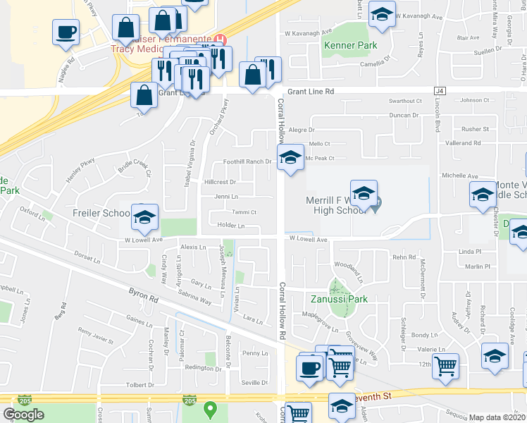map of restaurants, bars, coffee shops, grocery stores, and more near 2055 Tammi Court in Tracy