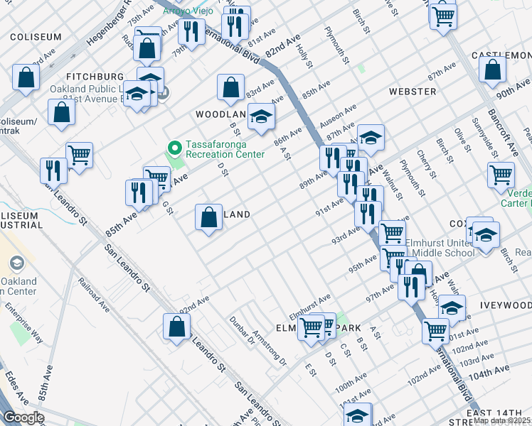 map of restaurants, bars, coffee shops, grocery stores, and more near 1134 89th Avenue in Oakland