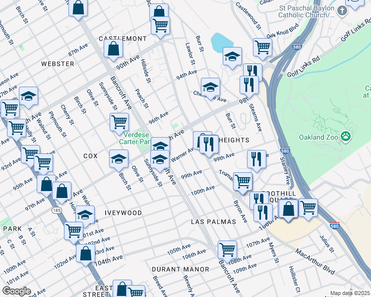 map of restaurants, bars, coffee shops, grocery stores, and more near 2331 Warner Avenue in Oakland