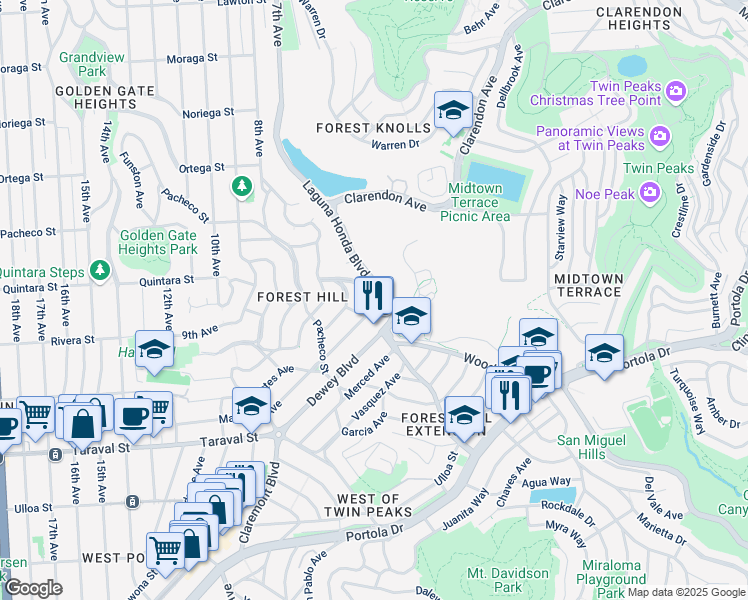 map of restaurants, bars, coffee shops, grocery stores, and more near 2 Plaza Street in San Francisco
