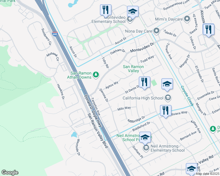 map of restaurants, bars, coffee shops, grocery stores, and more near 2828 Aptos Way in San Ramon