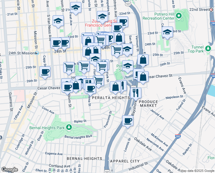 map of restaurants, bars, coffee shops, grocery stores, and more near Cesar Chavez St & Precita Ave in San Francisco
