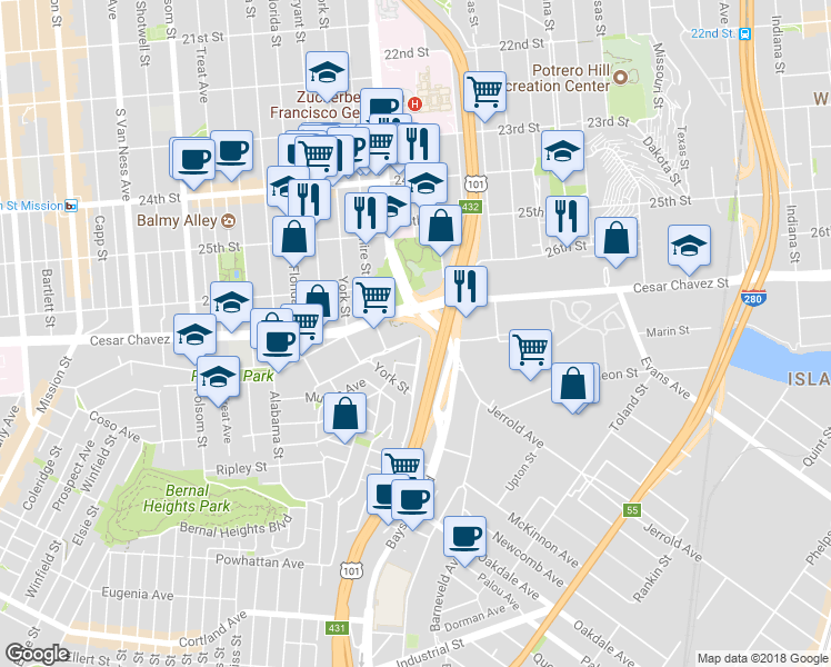 map of restaurants, bars, coffee shops, grocery stores, and more near 2 Peralta Avenue in San Francisco