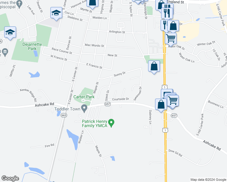 map of restaurants, bars, coffee shops, grocery stores, and more near 8 Courtside Lane in Ashland