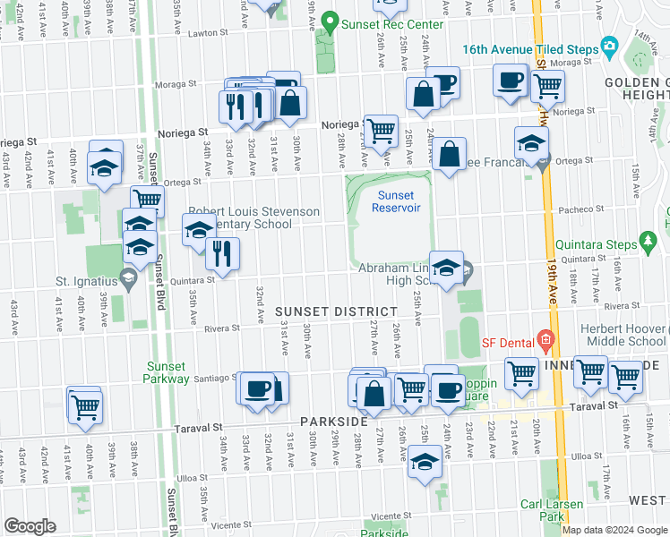 map of restaurants, bars, coffee shops, grocery stores, and more near 1936 Quintara Street in San Francisco