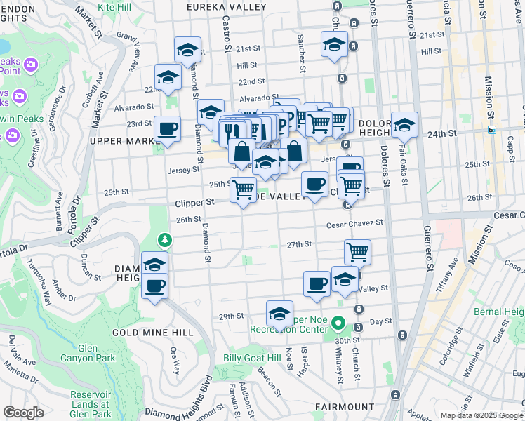 map of restaurants, bars, coffee shops, grocery stores, and more near 359 Clipper Street in San Francisco