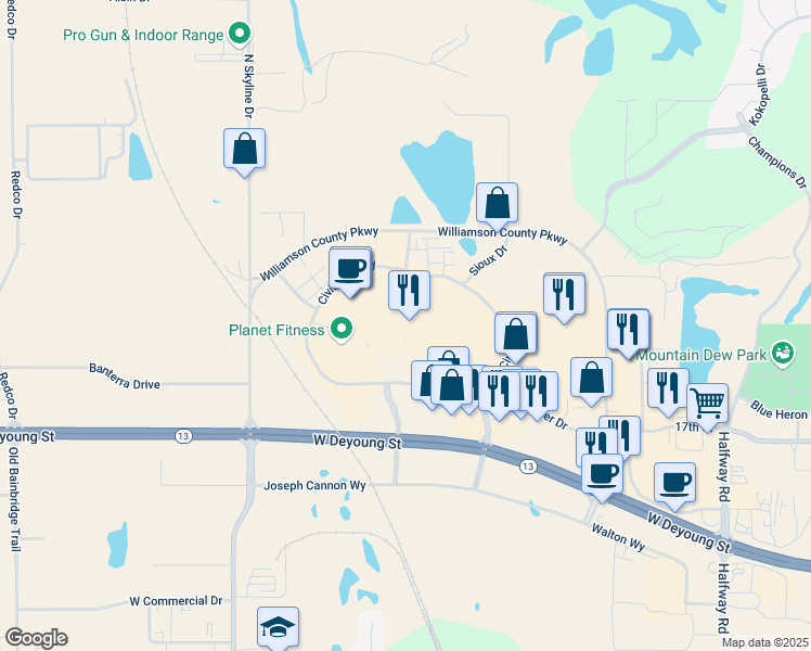 map of restaurants, bars, coffee shops, grocery stores, and more near 3000 West Deyoung Street in Marion