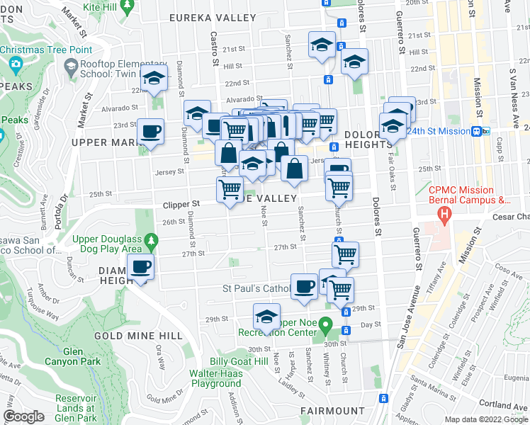 map of restaurants, bars, coffee shops, grocery stores, and more near 1291 Noe Street in San Francisco