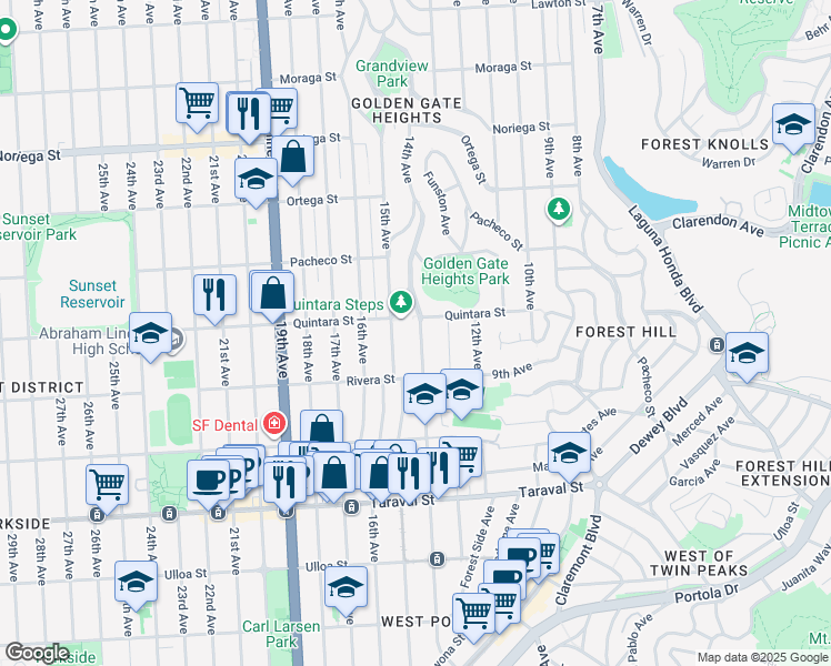 map of restaurants, bars, coffee shops, grocery stores, and more near 460 Quintara Street in San Francisco