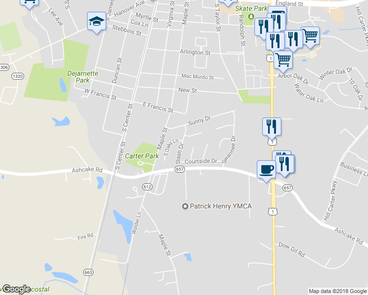 map of restaurants, bars, coffee shops, grocery stores, and more near 115 Slash Drive in Ashland
