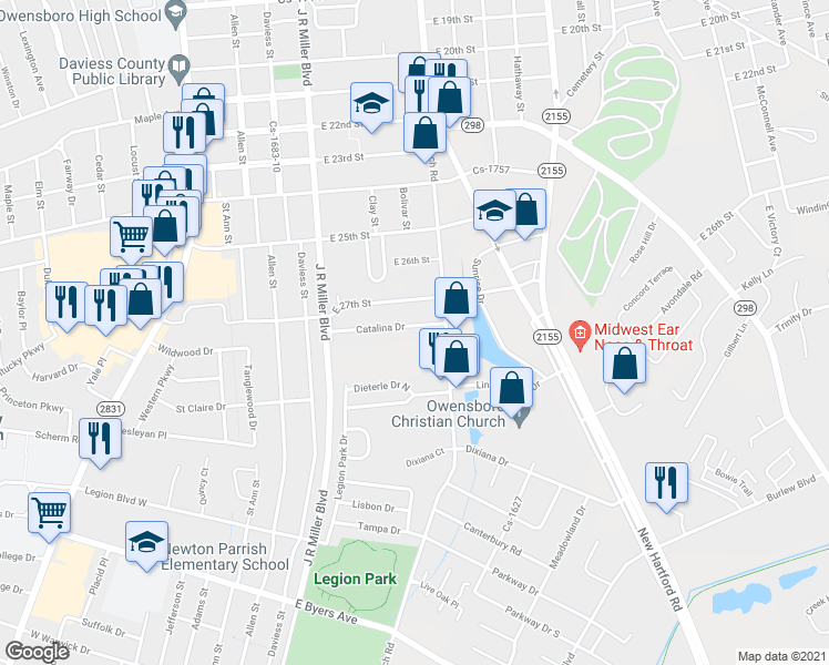 map of restaurants, bars, coffee shops, grocery stores, and more near 526 Catalina Drive in Owensboro
