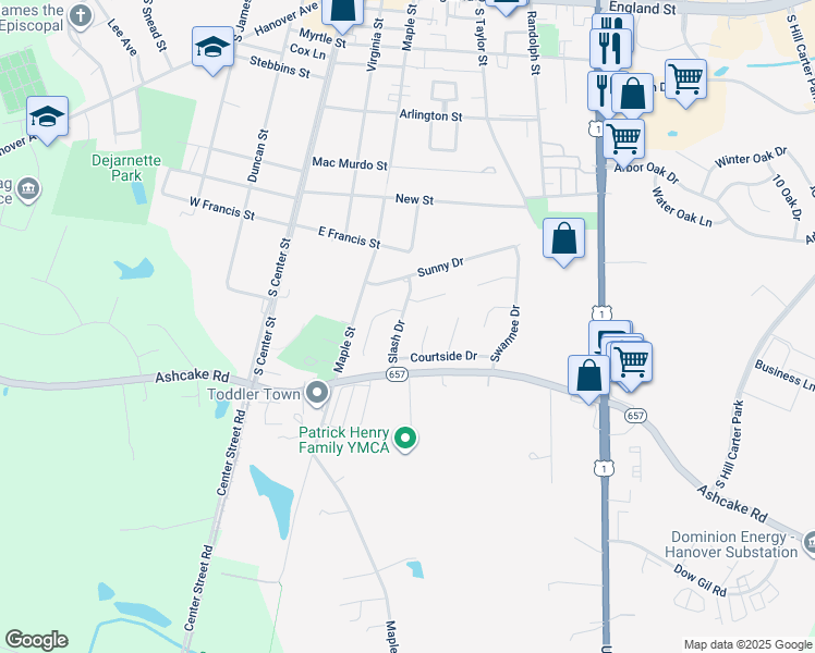 map of restaurants, bars, coffee shops, grocery stores, and more near 115 Slash Drive in Ashland
