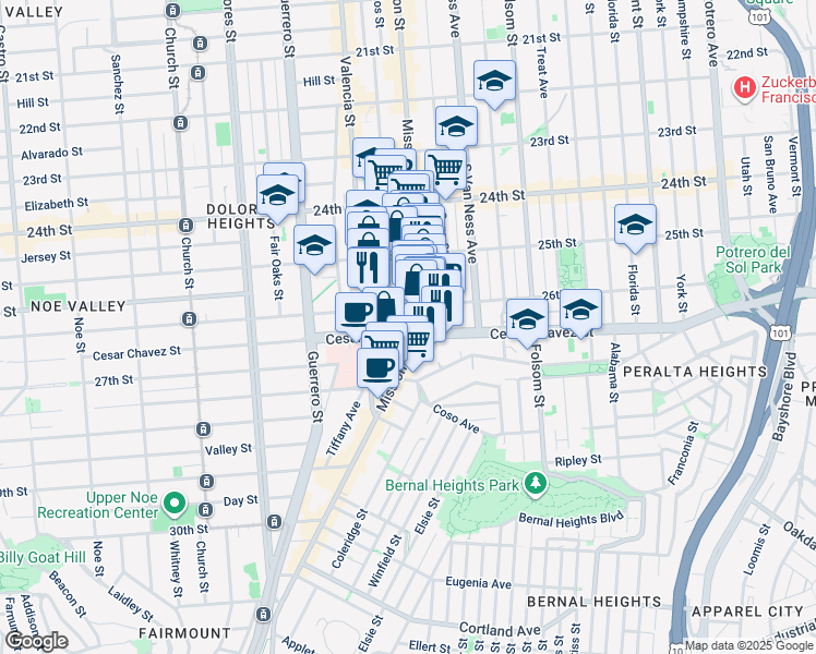 map of restaurants, bars, coffee shops, grocery stores, and more near 555 Bartlett Street in San Francisco