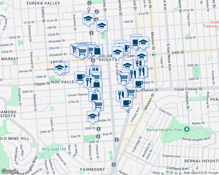 map of restaurants, bars, coffee shops, grocery stores, and more near in San Francisco