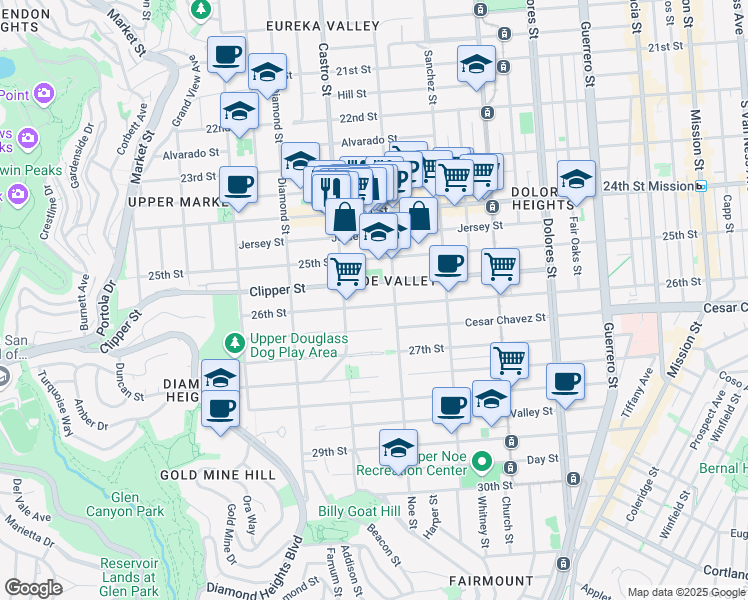map of restaurants, bars, coffee shops, grocery stores, and more near 359 Clipper Street in San Francisco