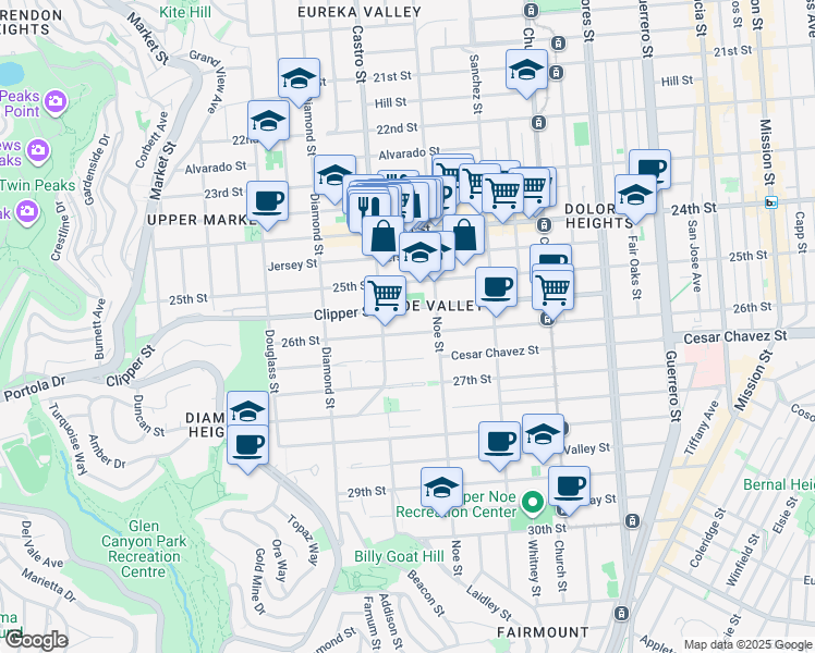 map of restaurants, bars, coffee shops, grocery stores, and more near 359 Clipper Street in San Francisco