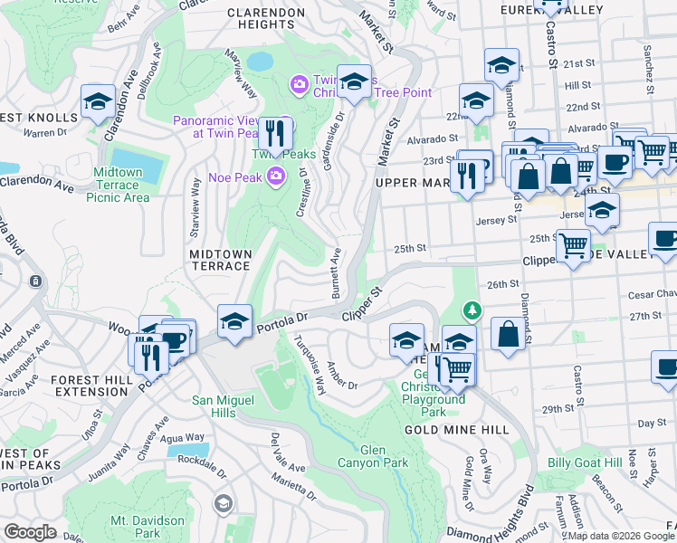 map of restaurants, bars, coffee shops, grocery stores, and more near 850 Burnett Avenue in San Francisco