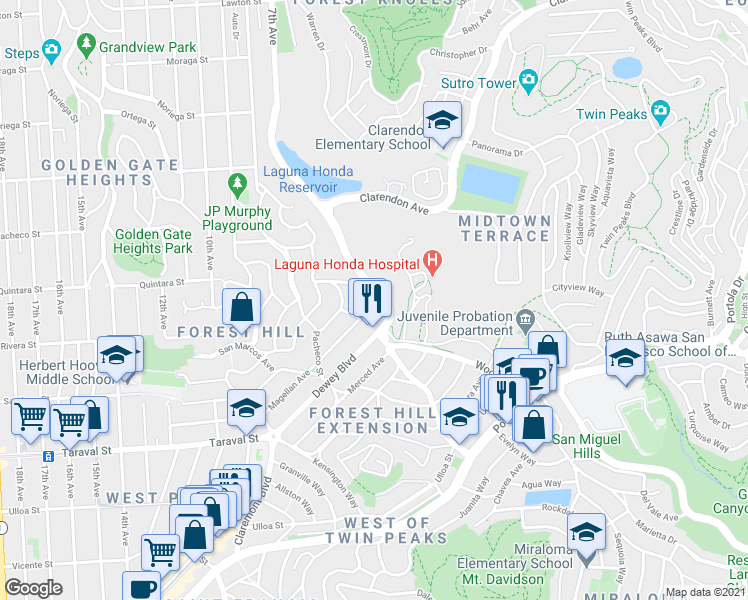 map of restaurants, bars, coffee shops, grocery stores, and more near 2 Plaza Street in San Francisco