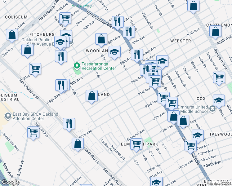 map of restaurants, bars, coffee shops, grocery stores, and more near 1134 89th Avenue in Oakland