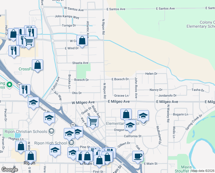 map of restaurants, bars, coffee shops, grocery stores, and more near 142 East Boesch Drive in Ripon