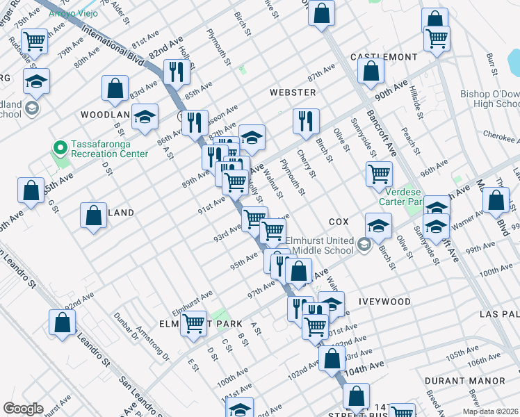 map of restaurants, bars, coffee shops, grocery stores, and more near 9224 Holly Street in Oakland