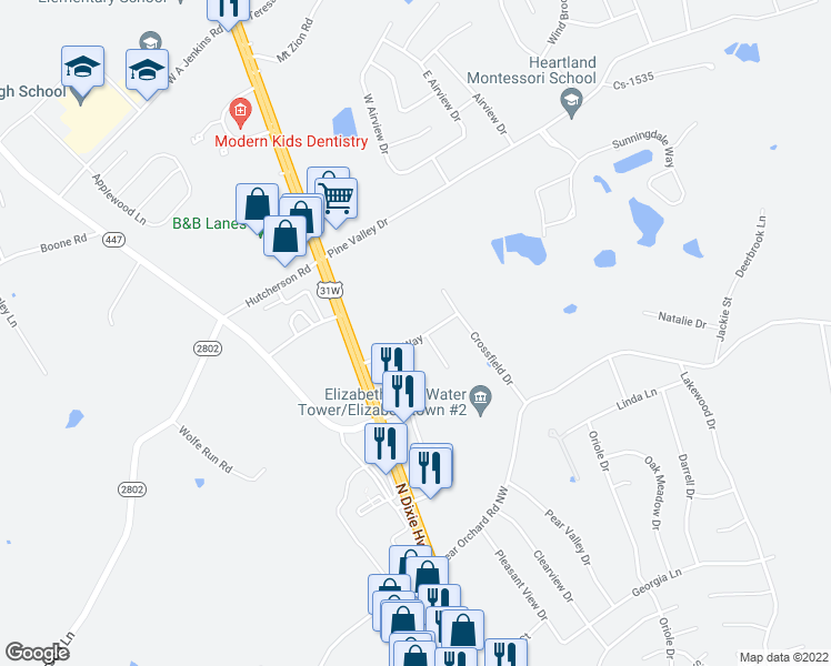 map of restaurants, bars, coffee shops, grocery stores, and more near 131 Chase Way in Elizabethtown