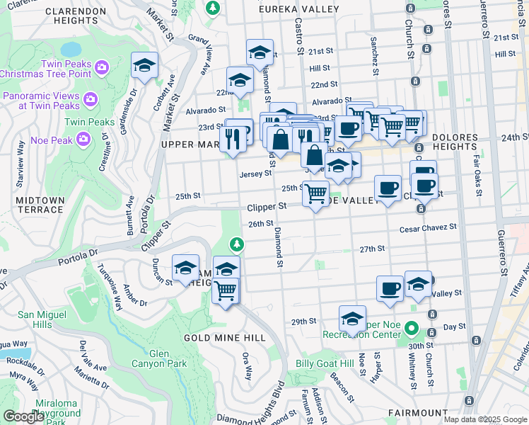 map of restaurants, bars, coffee shops, grocery stores, and more near 564 Clipper Street in San Francisco