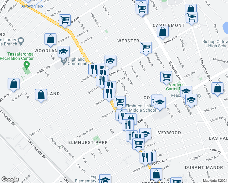 map of restaurants, bars, coffee shops, grocery stores, and more near 9235 Holly Street in Oakland