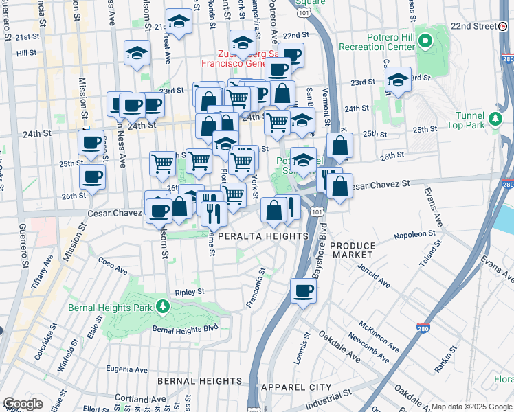 map of restaurants, bars, coffee shops, grocery stores, and more near Cesar Chavez Street & York Street in San Francisco