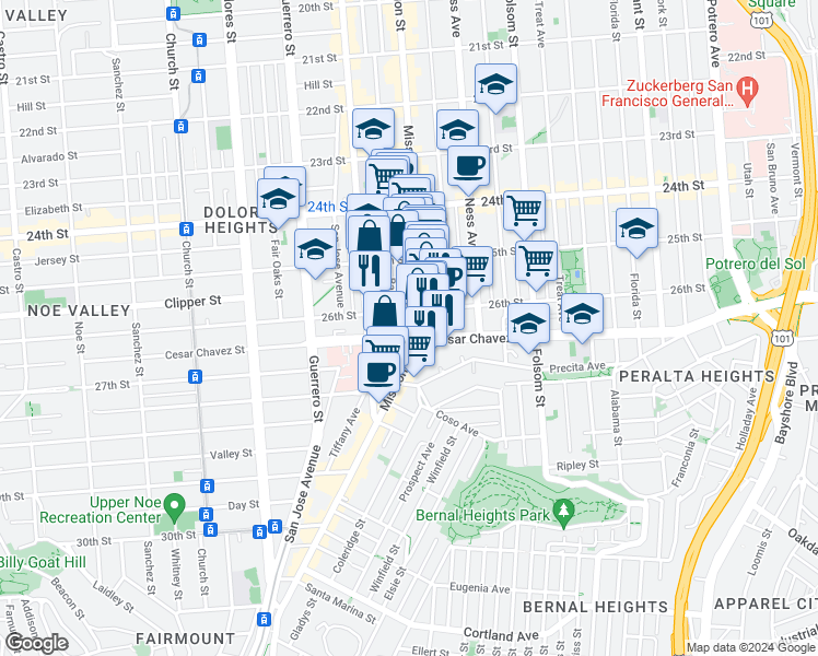 map of restaurants, bars, coffee shops, grocery stores, and more near in San Francisco