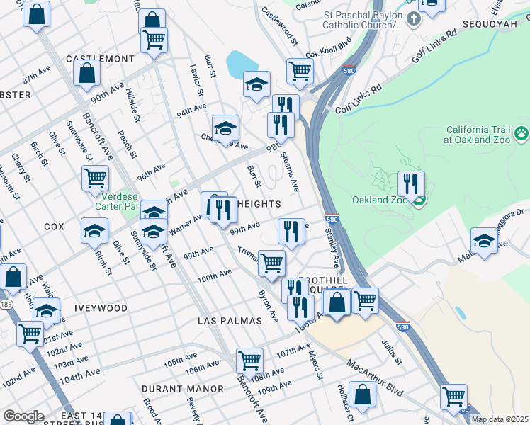 map of restaurants, bars, coffee shops, grocery stores, and more near 9889 Burr Street in Oakland