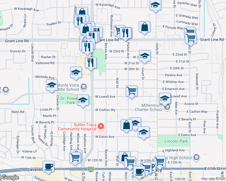 map of restaurants, bars, coffee shops, grocery stores, and more near 443 West Emerson Avenue in Tracy
