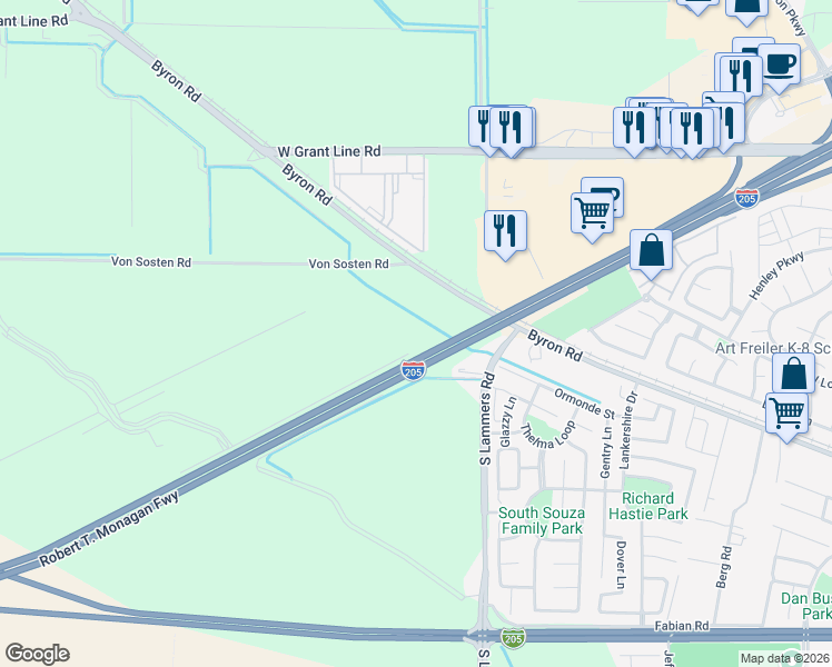 map of restaurants, bars, coffee shops, grocery stores, and more near 13650 Byron Road in Tracy