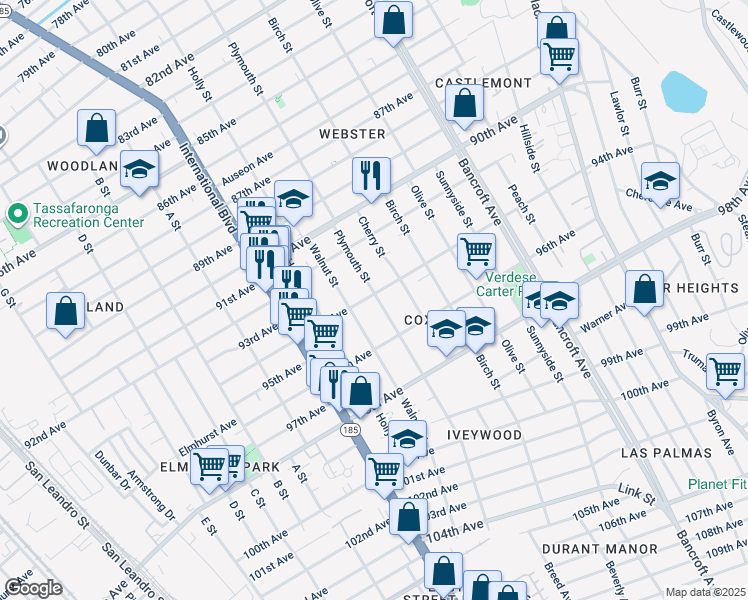 map of restaurants, bars, coffee shops, grocery stores, and more near 1719 94th Avenue in Oakland