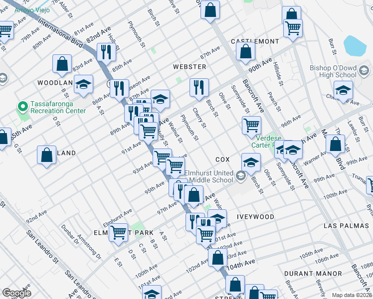 map of restaurants, bars, coffee shops, grocery stores, and more near 9308 Walnut Street in Oakland